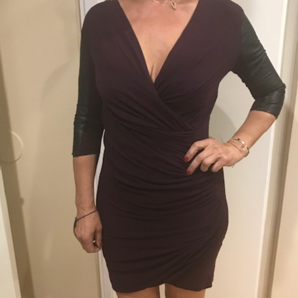 Michelle Mason Ruched Dress with Leather Sleeves